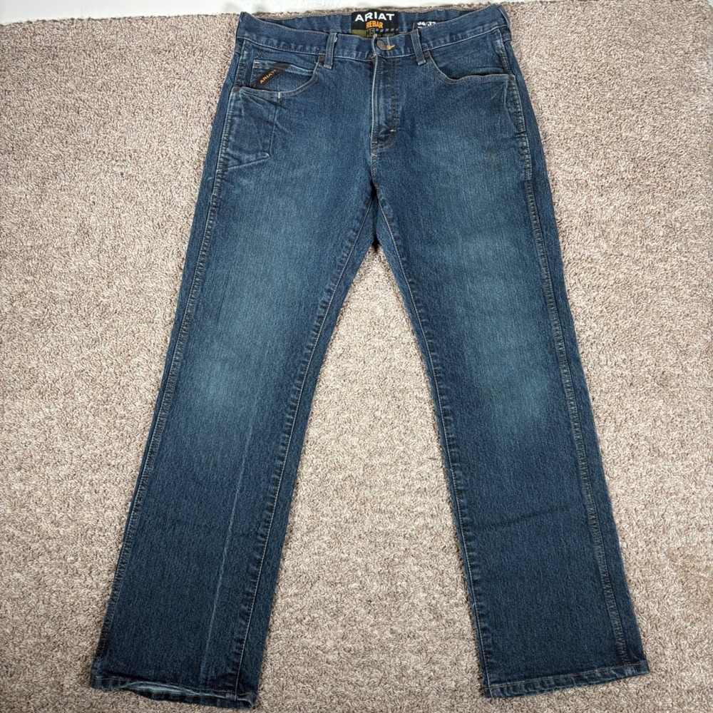 Ariat Rebar M5 Slim Straight Dark Wash Work Jeans Mens 34x32 Blue Denim